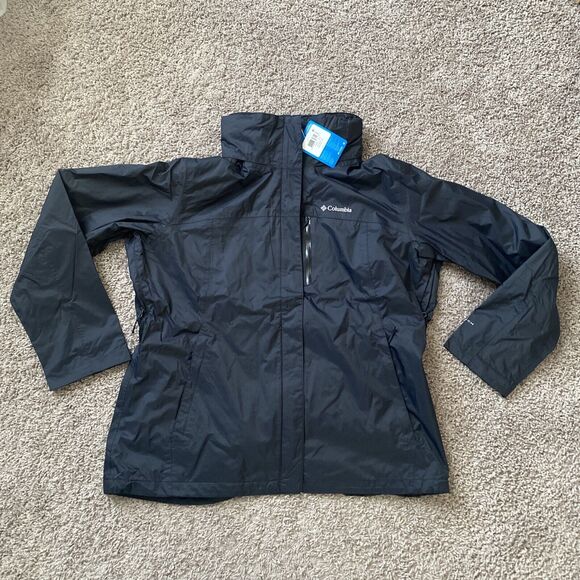 Columbia Pouration Rain Jacket Womens 1X Black Full Zip Hood Waterproof Shell - Picture 1 of 10